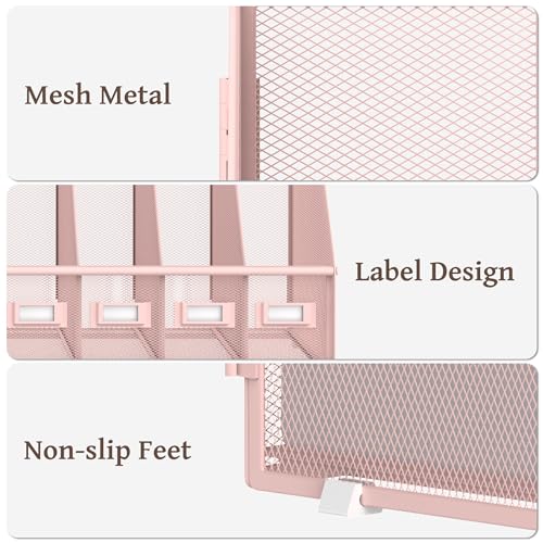 SUPEASY Desk Organizers Metal Desk Magazine File Holder with 5 Vertical Compartments Rack File Organizer for Office Desktop, Classroom, Home Workspace, Pink - color: Pink, size: Small