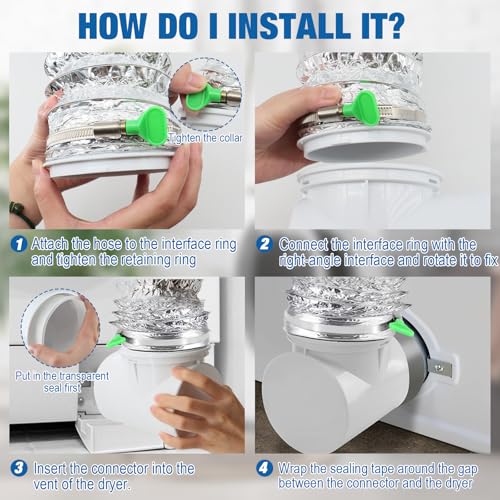 4 Inch Silver Dryer Vent Hose for Tight Space Includes 2 90-degree Dryer Vent Elbow and 1 Dryer Vents Duct, Flexible Dryer Hose Vent Kit-Space Saving, Indoor Dryers Vents Connector, Easy installation