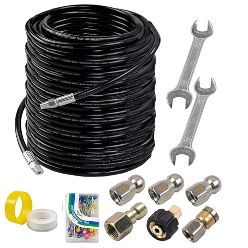 Hourleey Sewer Jetter Kit for Pressure Washer 200FT, Drain Cleaner Hose 1/4 Inch NPT, Orifice 4.0 Button Nose and Rotating Sewer Jetting Nozzle Spanner Tape Pearl Corsage Pin, 4000 PSI - size: Black-200 FT