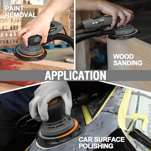 2.5mm Random Orbital Sander, 350W Brushless Motor Electric Palm Sander for Woodworking, 6 Variable Speeds to 10000RPM, Multi-function Sander with 6Inch Backing Plate, 10 Sanding Papers
