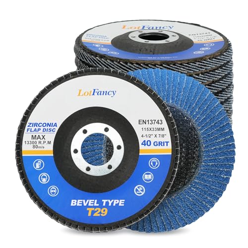 LotFancy Flap Disc 4 1/2” for Angle Grinder, 40 Grit, Bevel Type 29, Premium Zirconia Abrasive Grinding Wheels, 4.5" x 7/8” Flap Sanding Disc for Metal, Stainless Steel, 10-Pack - style: 10 Pack (40 Grit T29 Zirconia)
