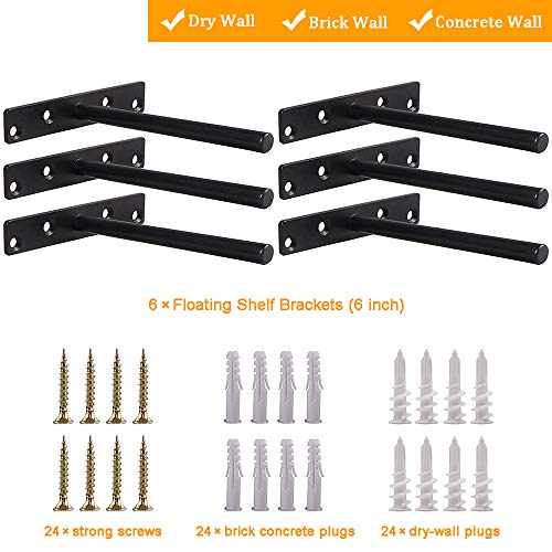 Heavy Duty Floating Shelf Bracket (Set of 6) – Solid Steel Blind Shelf Supports - Hidden Brackets for Floating Wood Shelves - Ideal for Cedar Wood Blocks & Mantels（Large Size） - size: 6 Inch - 6 Pack