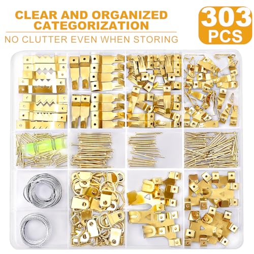 KURUI 303Pcs Picture Hanging Kit, Picture Hangers Assorted Kit with Heavy Duty Picture Hanging Hooks/Hardware Nails/Sawtooth/Wire/D Rings/Level, Metal Picture Wall Hooks for Frame Canvas Mounting - size: Gold