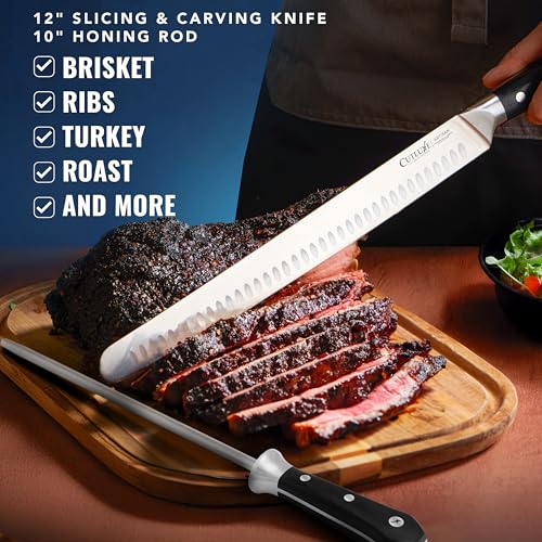 Cutluxe BBQ Carving Set, 12" Brisket Knife & 10" Honing Rod for Meat - size: 2 Pcs Brisket Knife Set