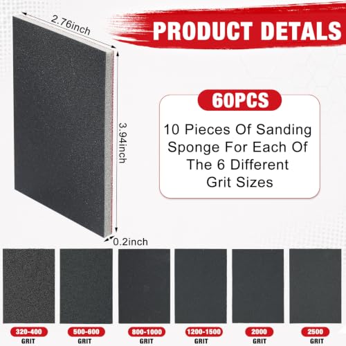 60 Pcs 320-2500 Grit Sanding Sponge, Ultra Fine Sanding Sponges Pads, Soft Foam Shine Block Wet Dry Polish Pads, Ultra Fine Grit Sandpaper for Model Drywall Metal Wood Furniture Polishing - style: 320-2500 Grit