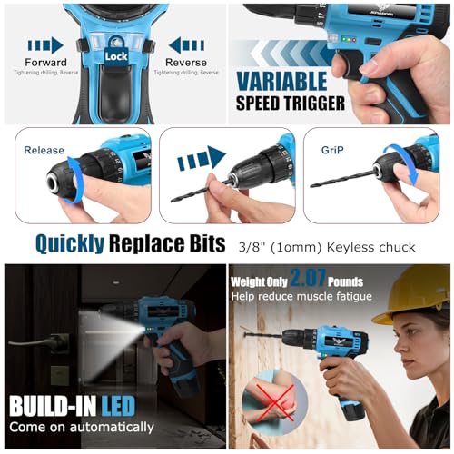 JENABOM 146-Piece Home Tool Set with 12V Blue Cordless Drill - color: Blue