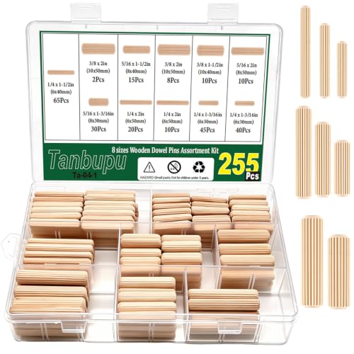 255Pcs 8 Values Wood Dowels Kit 1/4" 5/16" 3/8", Wooden Dowel Pins, Fluted Wood Dowels Rods for Crafts, Furniture, DIY Manual - size: 8 sizes-255pcs