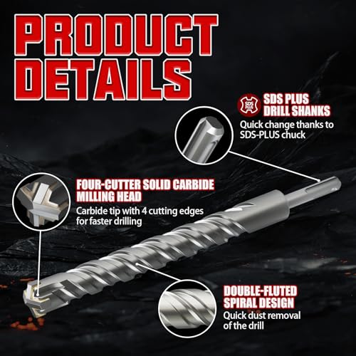 CSOOM SDS Plus Rotary Hammer Drill Bit 1"x10.24", Professional Concrete Drill Bit for Concrete, Brick, Stone and Cement Walls - size: 1"x10.24"