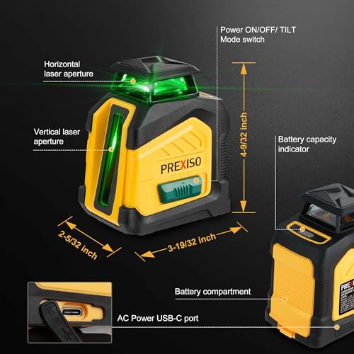 PREXISO 360° Laser Level with Tripod, 100Ft Dual Power Self Leveling Cross Line Laser- Wide Angle Vertical Line for Construction, Floor Tile, Renovation with Magnetic Base, Wall Panel Stand, Carry Bag