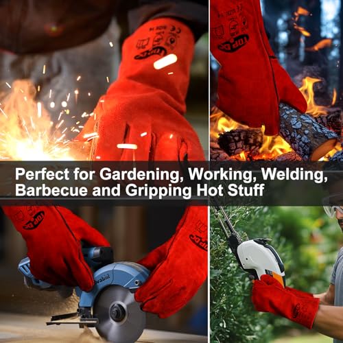TOPDC Welding Gloves 14 Inch Heat Resistant Leather For Mig Stick Forge - color: 14 Inch Red