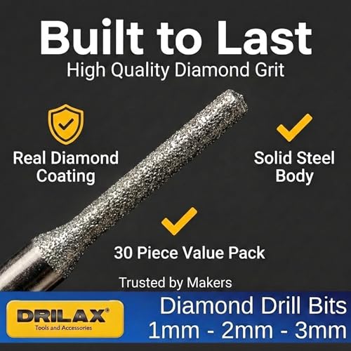 Drilax 30-Pc Diamond Drill Bits for Stone, Glass, Dremel, 1-3mm, 1/8" Shank - size: 1mm - 2mm - 3mm