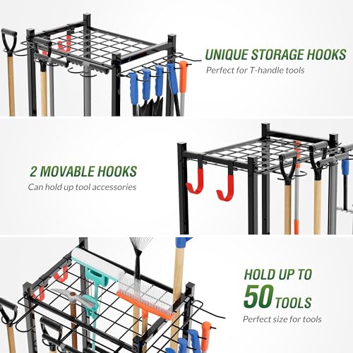 Sttoraboks Garden Tool Organizer Rack Up to 50 Tools, Heavy-Duty Steel Yard Tool Organizer for Garage Storage with 11 Hooks, Broom Holder & Garden Tool Rack for Shed, Patio, Outdoor Use, Black - style: Rack with hooks