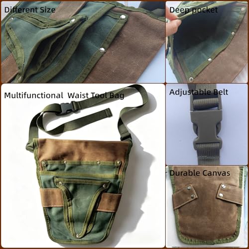 Gardening Tool Pouch for Waist, Hands-Free Canvas Tool Belt with 6 Pockets – Adjustable Waist Apron for Gardening Tools (Gardening Tools NOT Included)-Green - color: Army Green