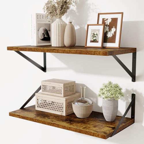 Acovy Deep Floating Shelves,24" Wx10 D Floating Shelf for Wall Set of 2,Hanging Storage Shelf with Metal Brackets,Wide Display Wall Shelves for Living Room,Bedroom,Bathroom,Kitchen,Rustic Brown - color: Rustic Brown, size: 24"Wx10"D-2pcs