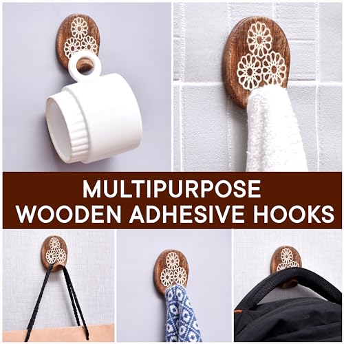 Indian Shelf 6 Wooden Adhesive Wall Hooks for Hats, Keys & Bags - color: Brown Style 2