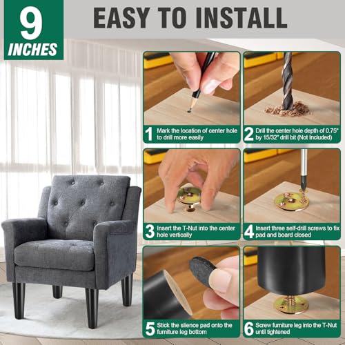 FoDau770 Rubber Wood Legs 9", Straight Taper, 5/16"-18 Thread, Black, 4pcs | Wood Couch legs - Mid Century Sofa Legs - Furniture legs Replacement for Cabinet Dresser Chair Ottoman - color: Black, size: 9 Inch - Straight (90°)