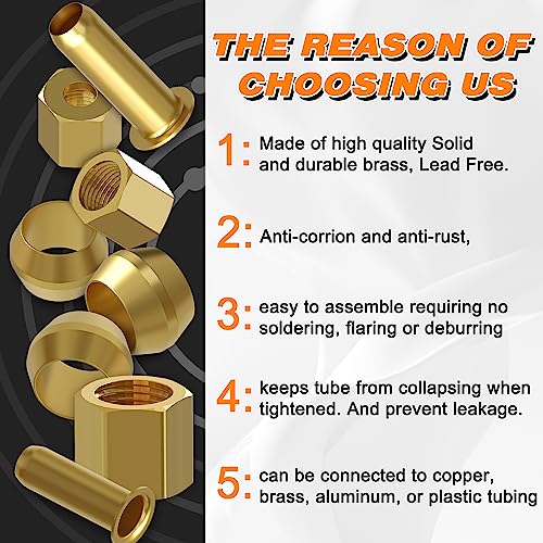 180PCS Brass Compression 1/4" 3/8" 5/16" 1/2" Sleeve Ferrule Insert Nuts - size: 180pcs 4 Size Kit