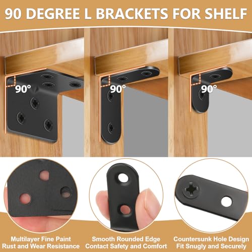 MAPVOLUT 25Pcs L Brackets for Shelves, 3 Sizes Angle Corner Braces Metal L Bracket Heavy Duty for Wood, Sturdy and Rustproof for Repairing Furniture with 82Pcs Screws Mounting Bracket Easily Black - size: 3 SIZE Black