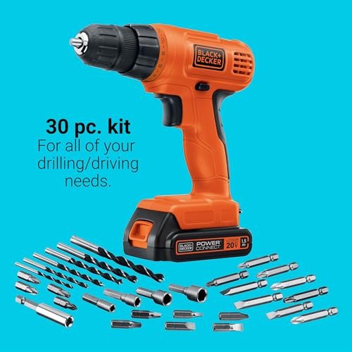 BLACK+DECKER 20V MAX POWERCONNECT Power Drill Cordless Drill Driver Electric Screwdriver with 30 Piece Bit Set, Battery and Charger Included (LD120VA)