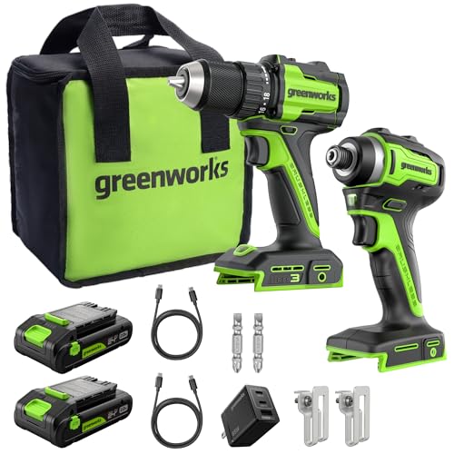 Greenworks 24V Cordless Brushless 400 in-lbs Drill/Driver+1950 in-lbs Impact Driver Combo,High Torque, Lightweight, (2) 2.0Ah USB-C Batteries(12,000mAh Power Bank) and 65W USB-C Fast Charger(3-Port) - size: 2PCS Combo Kits