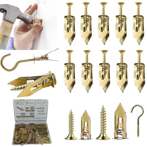170Pcs Self Drilling Drywall Anchors and Screws Kit,160 Zinc Plated Steel Expansion Screws and 10 Hook Screws.Wall Anchors for Drywall, Wall,Mounting Mirror,Picture Frames