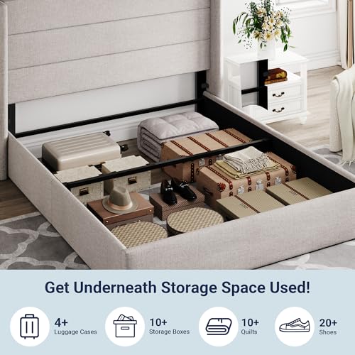 Allewie Full Size Lift Up Hydraulic Storage Bed Frame Light Beige - color: Beige, size: Full, style: Modern