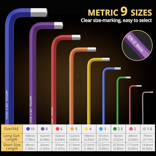 AMTOVL Hex Key Set, 9PCS Metric Allen Key Set, 1.5-10MM, Long Ball End - size: 9 PCS METRIC SET
