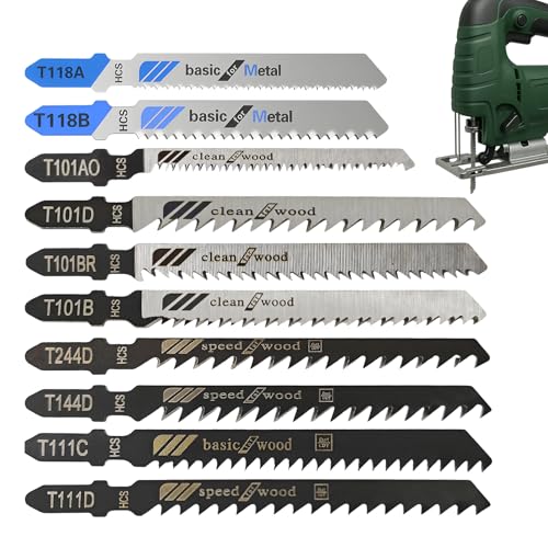 10 PCS Jigsaw Blades,High Carbon Steel Assorted T-Shank jig Saw Blades for Wood, Metal, Plastic Cutting(T101B,T101BR,T101D,T144D,T244D,T111D,T111C,T118A,T118B,T101A0) - size: 10PCS