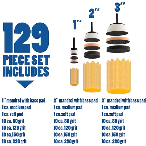 129 pc Flex Edge 1”, 2” and 3” Sanding Discs for DrillSet with Backing Pads - style: Flex Edge 129 Piece Kit