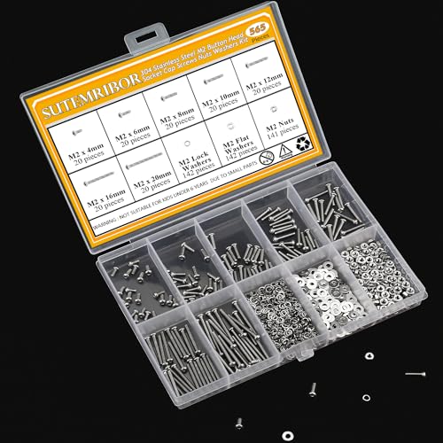 565 Pieces M2 Screws Nuts Washers Set, Sutemribor M2 x 4/6/8/10/12/16/20mm Button Head Socket Cap Screws Nuts Washers Assortment Kit, 304 Stainless Steel, Fully Threaded - size: M2, style: Button Head Socket Cap