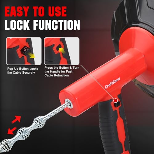Drain Auger 33 Ft with Easy Cable Rewind System, Plumbing Snake with Drill Adapter, 2026 Upgraded Flexible Spring Steel Drain Cleaner for Kitchen, Bathroom, Shower & Sink