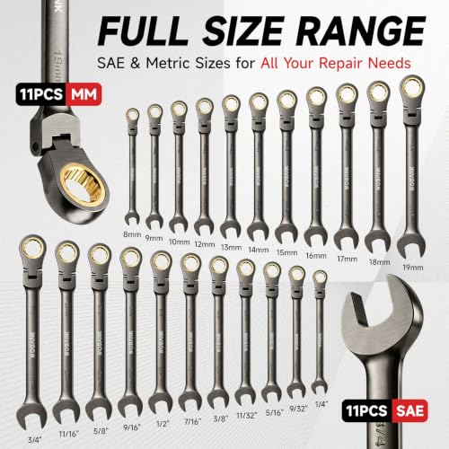 22-Piece Ratcheting Wrench Set, Flex Head Combination Wrenches Set with Organizer Box, Metric 8-19mm and SAE 1/4" to 3/4" Size, 12 Points 72-Teeth, Nickel Plating - size: Flex-head