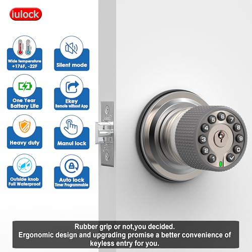 iulock Smart Door Knob with Keypad and Key,Keyless Entry Door Lock with Rubber Grip, Auto Lock,50 User Code,Waterproof, Easy to Install and Program for Bedroom Garage Office Gate (Satin Nickel) - color: Stain Nickel