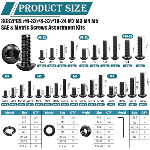 mxuteuk 3032PCS Machine Screws Assortment Kit,#6#8#10 M2 M3 M4 M5 SAE & Metric Screws Assortment Kits,10.9 Alloy Steel Hex Socket Button Head Bolts Nuts Washers Set Suitable for 3D Printer,DIY - size: 3032PCS #6#8#10 & M2-M5