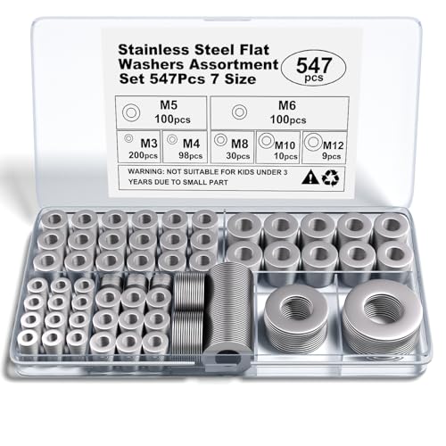 Stainless Steel Flat Washers Assortment, 18-8 (304) Stainless Steel, 547-Piece Set (Assorted Metric Sizes M3-M12, 3mm, 4mm, 5mm, 6mm, 8mm, 10mm, 12mm) with Plastic Storage Case