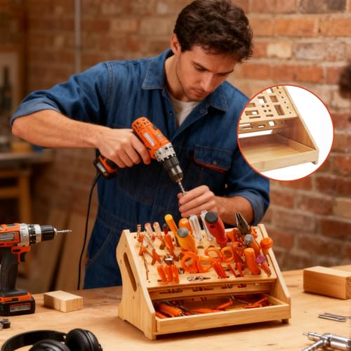 Wooden Screwdriver Organizer,Tool Bench Organizer, Repair Tool Storage Rack for Handicraft Desktop, Multi-functional Bamboo Tool Holder with Drawer