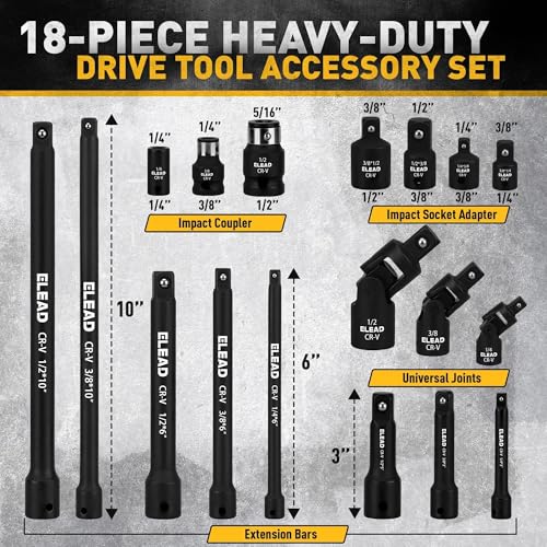 18-Pieces Impact Socket Extension Set: 1/4", 3/8" & 1/2" Drive Socket Extension Bar, Socket Adapter Set, Swivel Universal Joints & Impact Coupler - style: Impact Socket Extension