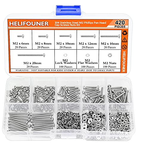 HELIFOUNER 420 Pieces M2 x 6mm /8mm /10mm /12mm /16mm /20mm, Phillips Pan Head Machine Screws, Metric Screws Bolts Washers Nuts Kit, 304 Stainless Steel - size: M2