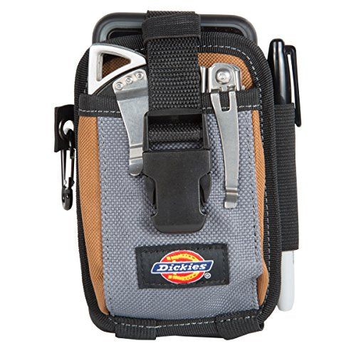 Dickies 2-Compartment Large Phone Pouch, Universal-fit Steel Clip for Tool Belt, Security Strap Over Phone, Carabiner for Quick-Clip Key Storage