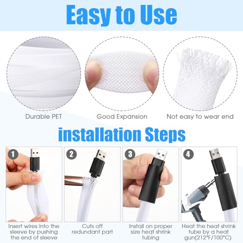 Tatuo 65.6 ft Braided Cable Sleeve Expandable Wire Sheathing(White) - color: White, size: 65.6 ft