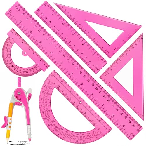Zonon 7 Pcs Geometry Math Set with Compass Protractor Rulers, Pink - color: Pink