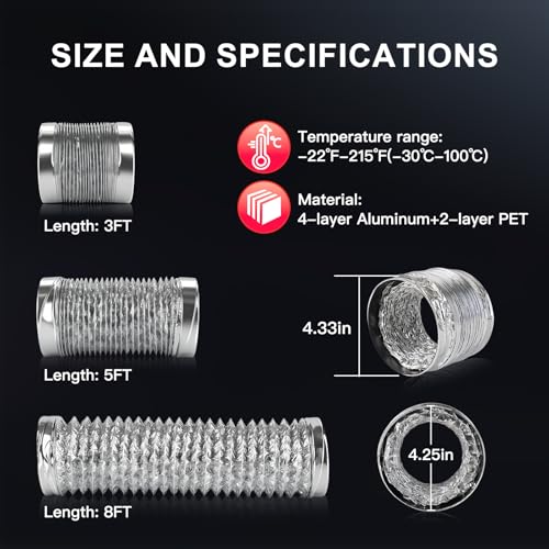 4 Inch Dryer Vent Hose 5FT, Flexible 6-Layer Aluminum Duct with Reinforced Rolled Edge Ends, Fireproof Dryer Exhaust Hose for Indoor Venting and HVAC Use - size: 4 inch 5 Feet