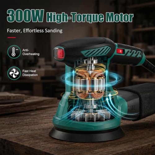 HYCHIKA 5-Inch Orbital Sander with Upgraded Vacuum Dust Collector, 300W Motor 6000-13000 OPM 6 Variable Speeds with10 Pcs Sandpapers for Furnitur, Refinishing & DIY