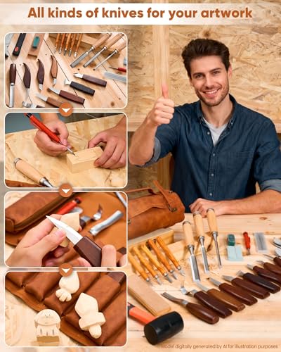 SakerNeo 25-Piece Wood Carving Kit Whittling Kit with Leather Storage Bag - color: Brown 25pcs