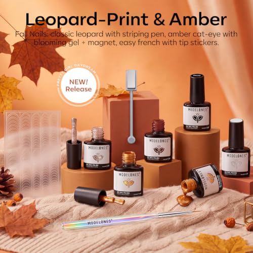 modelones Fall Gel Nail Polish Set, Amber French Tip Leopard-Print Theme - color: A A A1c Leopard-Print & Amber
