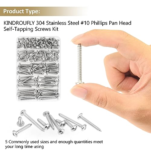 104 Pieces #10 x 1/2" 3/4" 1" 1-1/4" 1-1/2" Phillips Pan Head Self-Tapping Screws, Wood Screws Assortment Kit, 304 Stainless Steel - size: #10