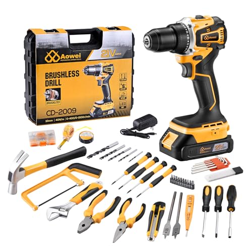 Brushless Motor Tool Kit Set: Yellow 21V Cordless Drill, Power Drill Tool Box,3/8" Keyless Chuck, 2 Variable Speeds, with Battery and Charger Included