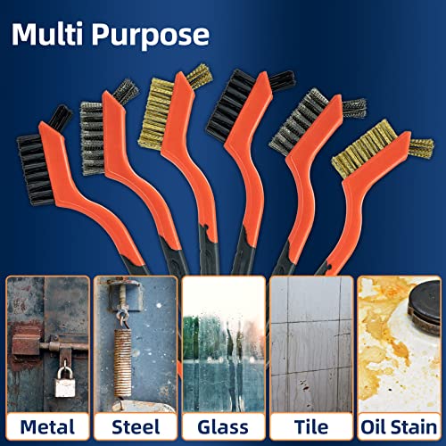 SALI 9pcs Wire Brushes for Cleaning Rust Removal Nylon/Brass/Stainless Steel Bristles with Curved Handle Grip for Dirt & Paint Scrubbing Removing Unfinished Metal Parts, Paint Stains Household Clean