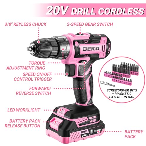 Pink Power Drill Tool Kit Set: 20V Cordless Electric Drill, Driver, Tool Box with Battery - color: Pink
