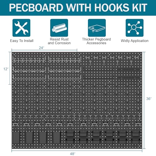 Metal Peg Board Kit with 1/4" Pegboard Accessories, 6 Pack 12"X24" Pegboard and 264PCS Extra Thick Pegboard Accessories,Wall Organizer Peg Board Panels Tool Organizer Storage System (Black)